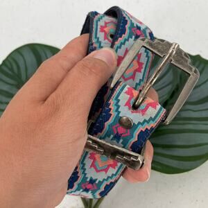 Vintage Nuovo Boho Southwestern Pattern Pink Blue Metal Buckle Adjustable Belt